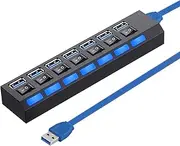 Multi Port USB Splitter，7 Port USB 3.0 Hub, USB A Port Data Hub with Independent On/Off Switch and LED Indicators, Lights for Laptop, PC, Computer, Mobile HDD, Flash Drive and More