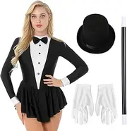 [TiaoBug] Womens Magician Costumes Long Sleeve Bowknot Tuxedo Leotard Dress Outfits for Parade Cosplay Dance Recitals