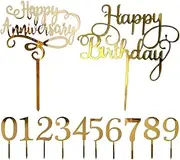 Happy Birthday Cake Gold Topper Golden Anniversary Insert and 0-9 Number Toppers Cake Topper Cake Decoration Supplies (12 Pieces)
