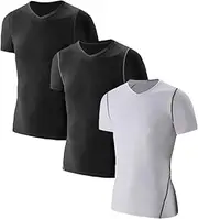 [Lanbaosi] Kids Boy's Compression Shirts Child's Quick Dry Sports Undershirts Short Sleeve Baselayer Tee Tops, 3 Pack(v-neck):black Gray Line+black+white, 5 Years