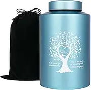 Urn for Human Ashes Adult Male Female Memorial Cremation Urn Large Up to 220lbs Decorative Funeral Burial Metal Urns Life Tree Design, Lake Blue