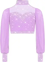 [Hedmy] Kids Girls Long Sleeve Crop Top Sheer Mesh Cutout Back Rhinestones Gymnastics Lyrical Dance Top