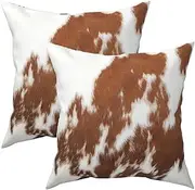 Western Cow Print Throw Pillows Cover Set Of 2 Brown Red White Faux Fur Cowhide Decorative Pillow Covers 18"x18" Farmhouse Animal Print Pillowcase Square Cushion Cover for Home Couch Bed Room Decor