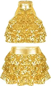 [Rswnyirn] Girls Latin Jazz Modern Salsa Samba Rumba Ballet Cotume Backless Sequins Tiered Crop Top with Skirt Dancewear