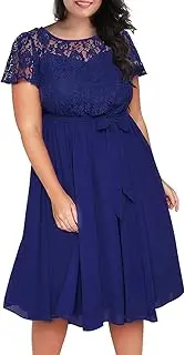 [Nemidor] Women's Scooped Neckline Floral lace Top Plus Size Cocktail Party Midi Dress (26, Blue)