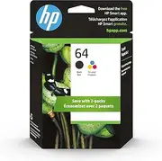 HP 64 Black/Tri-Color Ink Cartridges (2-Pack) | Works with HP Envy Inspire 7950e; Envy Photo 6200, 7100, 7800; Tango Series | Eligible for Instant Ink | X4D92AN