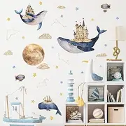 Whale Castle Wall Stickers,Large Whales Dolphins Star Moon Wall Art Decals Peel and Stick Wall Stickers for Boy Bedroom Kids Room Baby Nursery