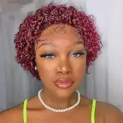 Short Curly Lace Wigs Pixie Cut Bob Style Lace Front Human Hair Wigs For Black Women Brazilian Virgin Remy Hair Wigs 6inch Burgundy Pre Plucked Curly Frontal Wig With Hand Tied Hairline (Wine red)