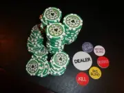 100 Green Royal Flush Spread Fan 11.5 gram Poker Chips + Dealer Button Set