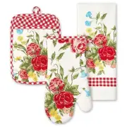Pioneer Woman Sweet Rose Kitchen Set Towel Potholder Oven Mitt Red Check Floral