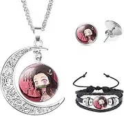 [Aquasuki] Nezuko Kamado Anime Jewelry Set Glass Dome Crescent Moon Pendant Charm Necklace, Earrings, Bracelet Jewelry Set Gifts for Women Girls