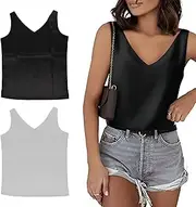 [Shengxi] Pack of 2 Women's Satin Tank Top, Summer Loose V-Neck Sleeveless Camisole Women, Elegant Casual Silk Satin Cami, Comfortable, Soft and Breathable, Black and White Two Piece Set, M, Black, White, M