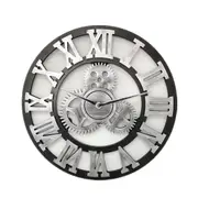 Retro Wooden Round Single-sided Gear Clock Rome Number Wall Clock, Diameter: 30cm(Silver)