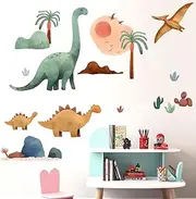 Amimagen Dinosaur Wall Decals - Palm Tree Watercolor Dino Wall Stickers - Nursery Kids Baby Boys Room Daycare Playroom Classroom Wall Decor