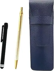 SASL-ALB-Z66KB Grain Leather Pen Case Blue Metal Touch Stick Black and Z66 Full Body Gold Hex Knock Metal Ballpoint Pen Set