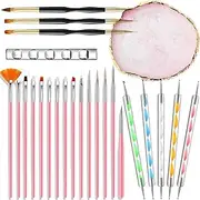 25 Pcs Nail Art Tools Set Nail Art Brushes Resin Nail Art Palette 2 Way Acrylic Silicone Carving Pen Dotting Pen Tool And Transparent acrylic pen holder DIY Home Salon (Pink)
