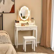 Giantex Vanity Table Set w/10 Brightness Adjustable LED Lights Oval Mirror 4 Drawers Cushioned Stool Makeup Dressing Table White