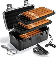 Marvero Portable Cigar Humidor Case - Travel Cigar Box with Built-in Humidifier Disc, Cigar Bands, Golf Holder & Cigar Cutter | Airtight | Portable | Water/Crushproof (Holds up to 15 Cigars)