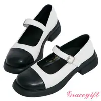 在飛比找momo購物網優惠-【Grace Gift】圓頭拼接厚底瑪莉珍鞋(白x黑)