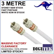 3m RG6 White Quad Shield F-Type Coax Cable TV Foxtel Optus Telstra NBN HFC NBN