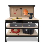 NNEDPE 3-layer Steel Work Bench Garage Storage Table Tool Shop Shelf Pegboard Dr