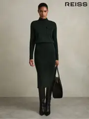 Reiss Khaki Floris Wool-Blend Knitted Utility Midi Dress With Cashmere (AD9411) | $395