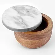 [jalz jalz] Large Wood Salt Box Salt cellar with Spoon Spice Salt Container Solid Natural Acacia Base White Marble Lid Elegant Design Decorative Box Bowl Big Capacity Salt Cellar Spice Cellar