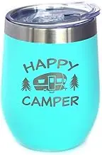 Happy Camper Wine Tumbler with Sliding Lid - Stemless Stainless Steel Insulated Cup - Cute Outdoor Camping Mug - Teal