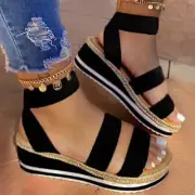 Womens Flat Comfortable Elastic Band Ankle Strap Wedge Open Toe Platform Sandals