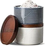 Adewnest Salt and Pepper Bowls: 10 oz Ceramic Stackable Spice Cellar with Wooden Lid - Stacked Seasoning Storage Containers for Countertop Stovetop - Striped, White & Navy