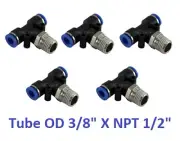 Branch Tee Swivel Connector Tube OD 3/8" X NPT 1/2" Pneumatic Fitting 5 Pieces