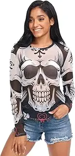 [RPLIFE] Red and Black Sea Creature Womens Mesh Tops, Long Sleeve Sheer Tops for Women