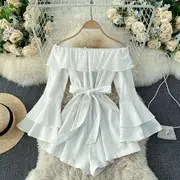 Bell-Sleeve Off-Shoulder Tie-Waist Romper White - One Size