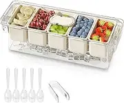 SVNNELP Ice Chilled Condiment Containers Server with Lid,Serving Tray Platter with 5 Removable Compartments for Taco,Salad,Bar Fruit Caddy,Party Garnish,with 5 Forks & 1 Tongs