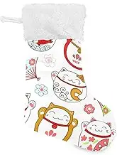 Amooorous White Cartoon Cute Fortune Cat Stocking for Christmas Holiday Stockings with Plush Cuff Stocking Xmas Rustic Christmas Decor for Bed Classroom Snowman