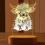 Dreyoo Highland Cow Night Light - LED Nursery Lamp, Bedroom Decor, Bedside Lamp - Cute Acrylic Animal Gifts for Girls, Boys, Teens, Farmers, Cow Lovers