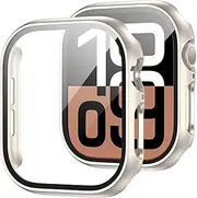 2 Pack Case for Apple Watch Series 10 42/46mm Screen Protector, Slim Hard PC Case with Tempered Glass Screen Protector HD Ultra-Thin Bubble-Free Cover For Apple Watch 10 42/46mm,starlight+starlight