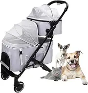 Pet Dog Strollers Double Layer Cat Stroller for 2 Cats, 2-Layer Travel Carrier Pet Stroller Dog Pram Pushchair, Detachable Dog Stroller Carriage for Twin or Multiple Pet(Gray a)