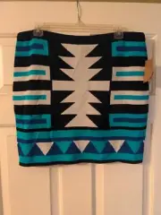 Rachel Roy | Womens Size XL Black White Teal Southwestern Pencil Pull On Skirt
