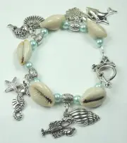 Artisan Seaside Cowrie Shell Pearl Bracelet & Seahorse Fish Charms Beach Wedding