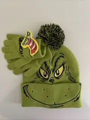 Dr. Seuss The Grinch Kids Youth Beanie Hat & Gloves Gift Set Green/Black New