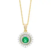4.8mm Lab-Created Emerald and White Sapphire Sunburst Double Frame Pendant in Sterling Silver with 14K Gold Plate