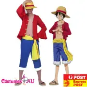 Mens Monkey D Luffy Cosplay Costume Anime One Poece Party Halloween Outfit + Hat
