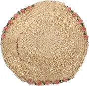 [Minkissy] Cute Floral Woven Sun Hat Women Foldable Wide Brim Straw Woven Cap Decorative Sun Cap for Summer Beach Trips Vacation Khaki