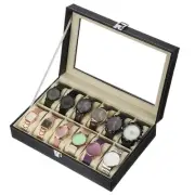 Watch Storage Box, 12 Slot Watch Display Case with Glass Lid, Black/Beige