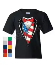 American Flag Tuxedo Youth T-Shirt Funny 4th of July Stars and Stripes Kids Tee