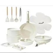 Non Stick Ceramic Pots Pans Set 21 Pcs Cookware Oven Safe Induction Cream White