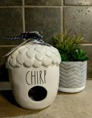 New With Tag Rae Dunn "CHIRP" Acorn Birdhouse/Black & White Checkered Ribbon