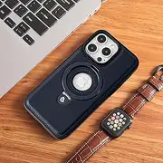 Compatible for iPhone 15 Pro Max Leather Material Case, Metal Magnetic Folding Stand Case Cover-Blue