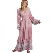 Billabong Cosmos Pink Boho Maxi Dress NWTs size small Peasant